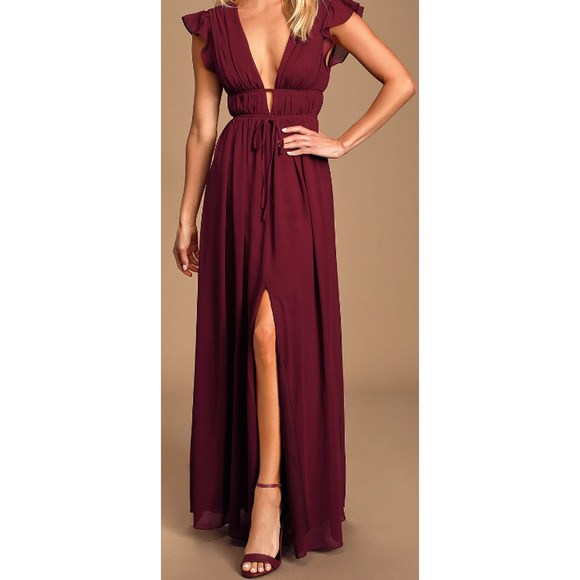 Lulus Dresses & Skirts - LULU'S Sz M I'm All Yours Burgundy Ruffled Maxi Bridesmaid Party Dress NEW 0B10